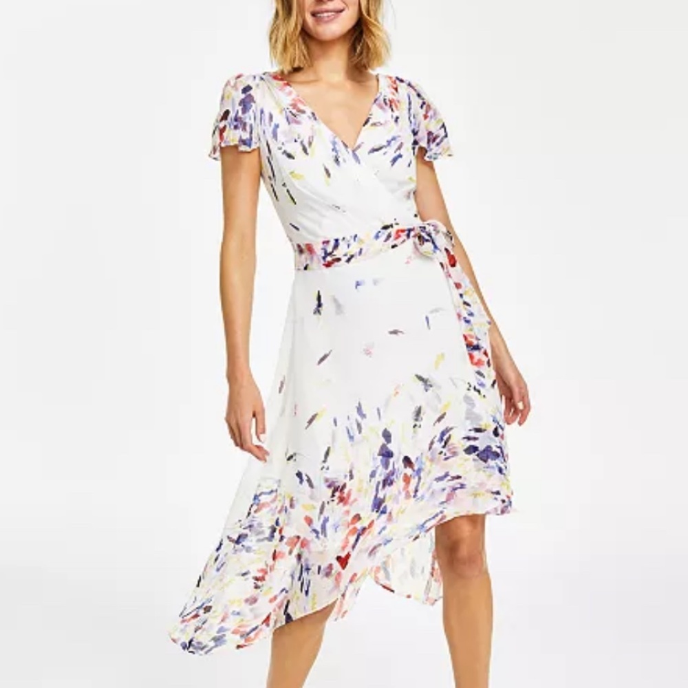 DKNY Printed Flutter Sleeve Faux Wrap Midi High - Low Chiffon Dress Size 14 $187